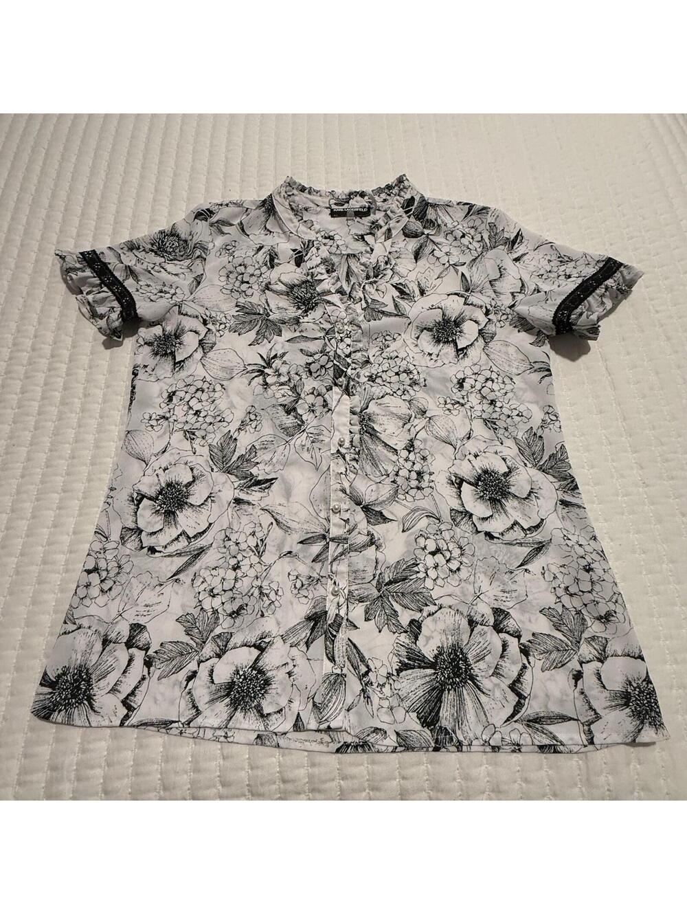 Karl Lagerfeld Button Up Short Sleeve Shirt Top Floral Black & White Sz S Small